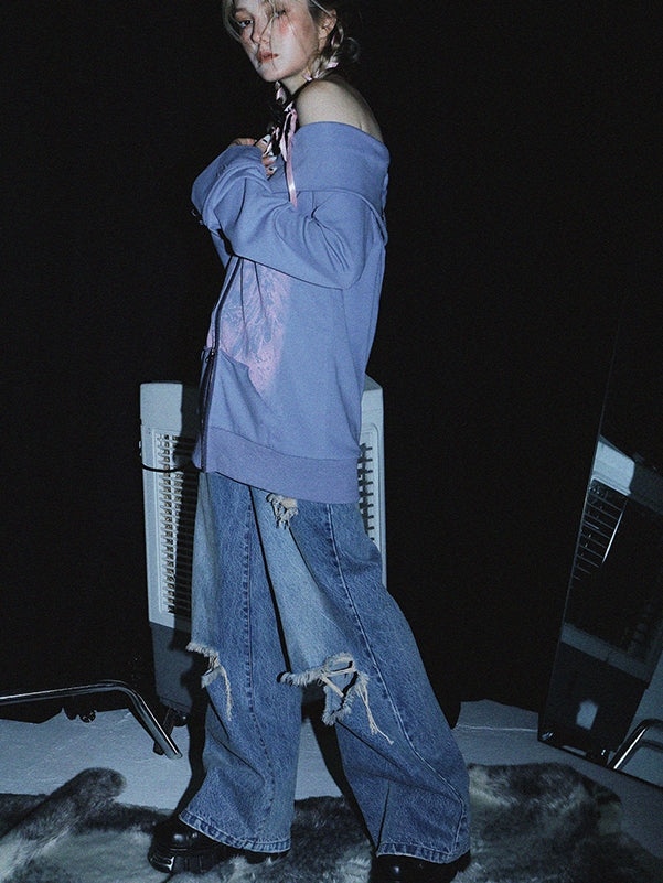 Damage Wide Straight Denim Pants