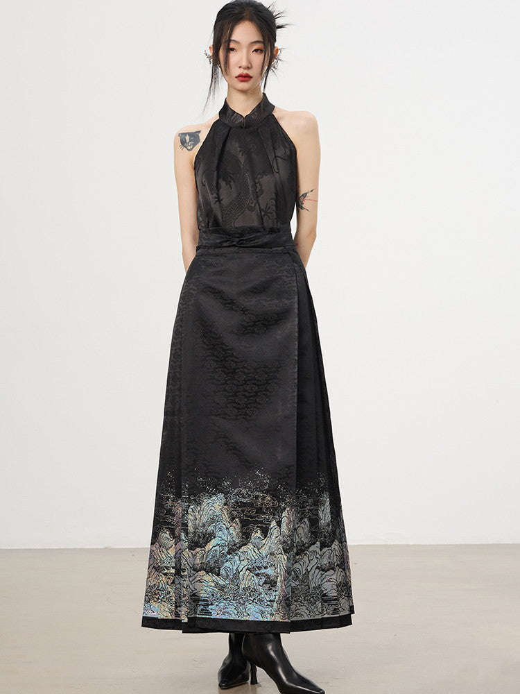 China American-Sleeve Embroidery Chic High-End Blouse＆Long-Skirt