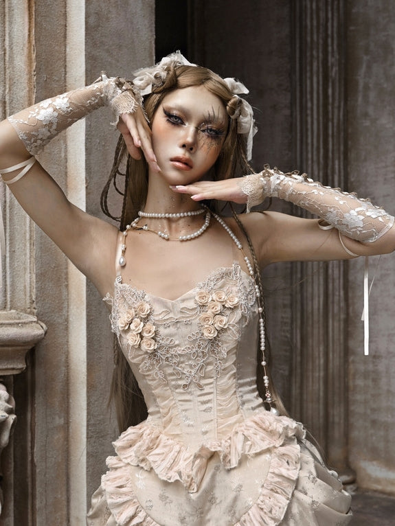 Lace Ribbon Sheer Lace-Up Flower Arm-Cover Glove