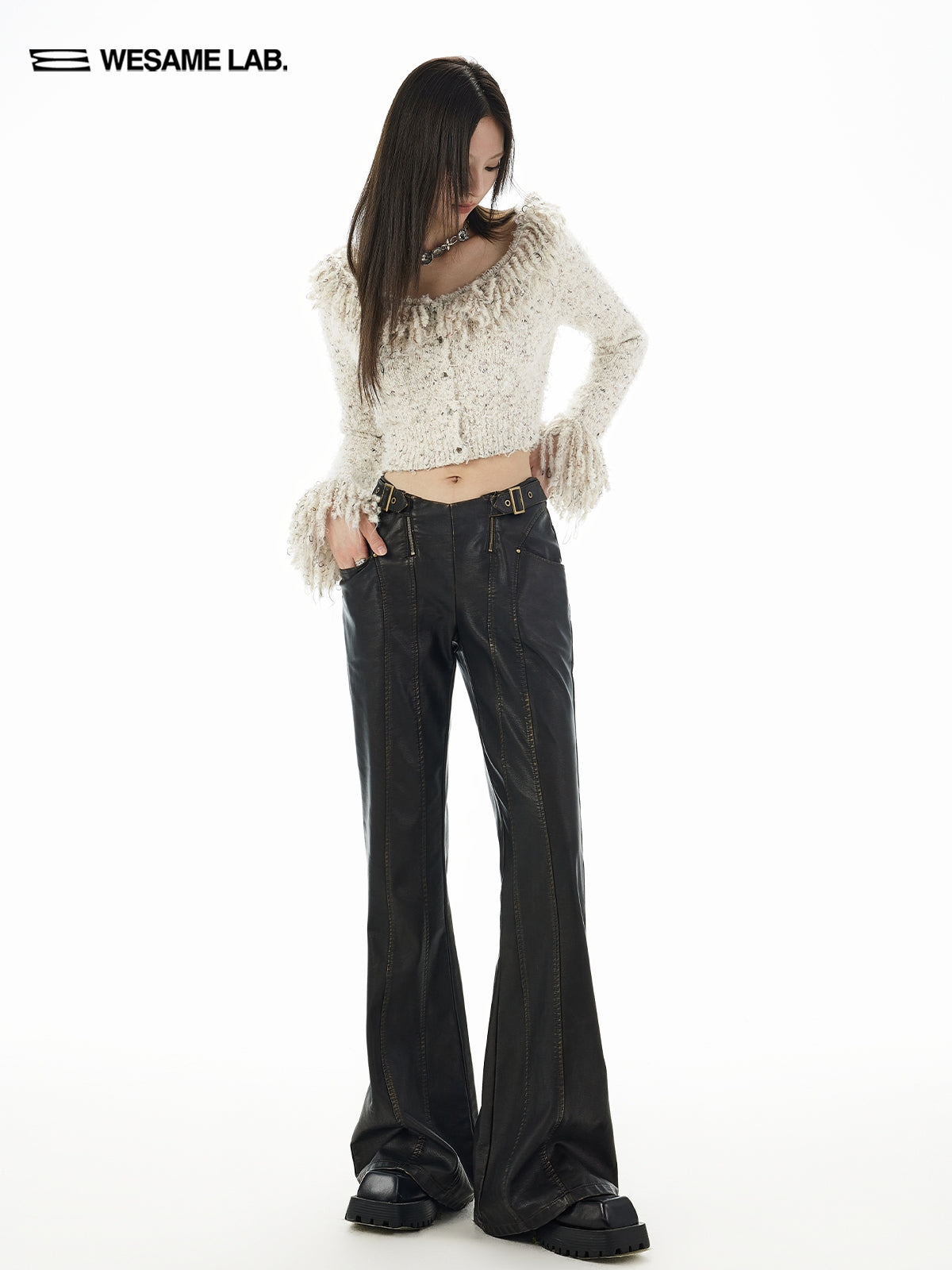 Flare Zip Belt Cool Patchwork Letaher-Pants