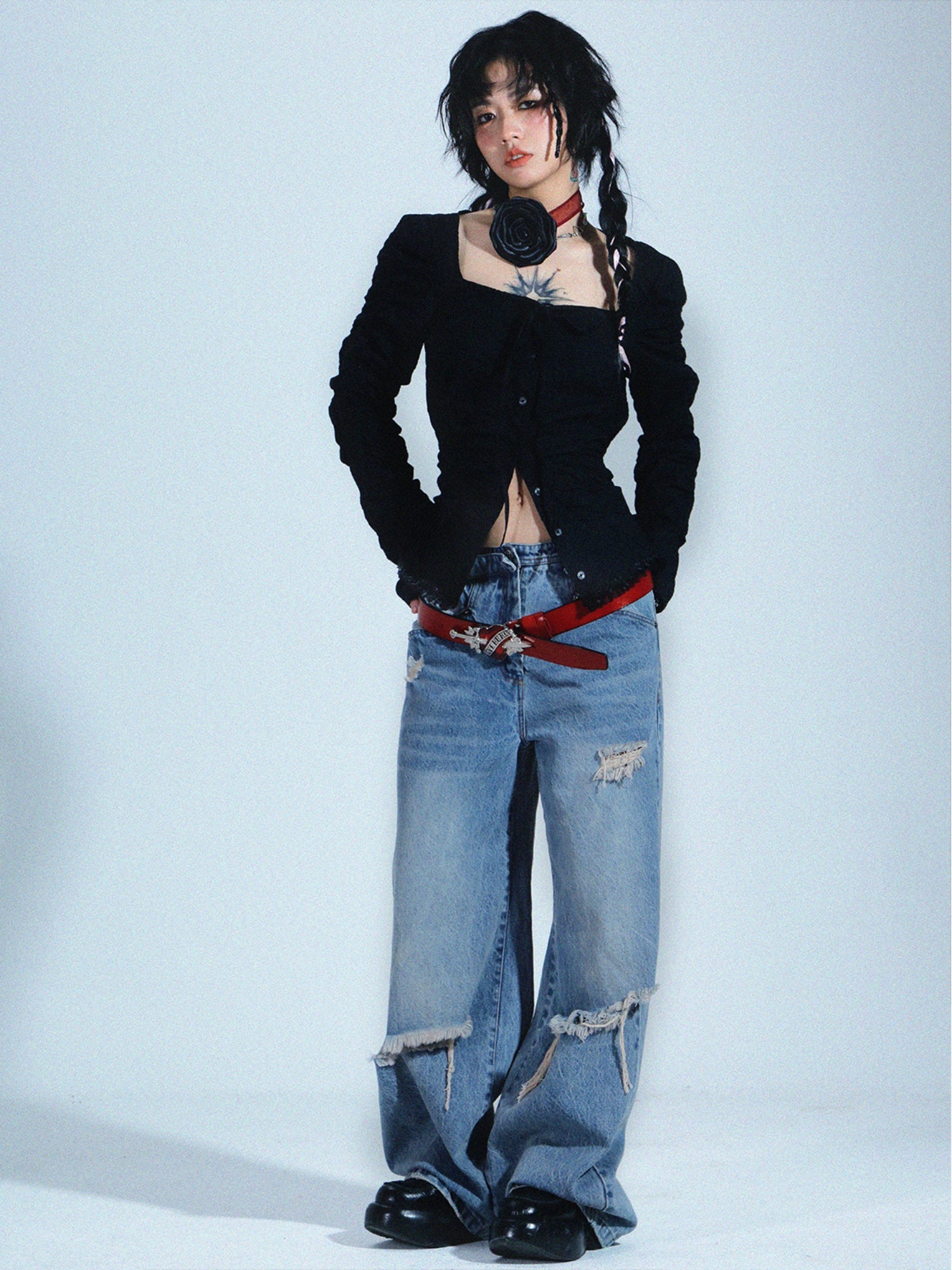 Damage Wide Straight Denim Pants