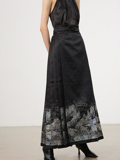 China American-Sleeve Embroidery Chic High-End Blouse＆Long-Skirt