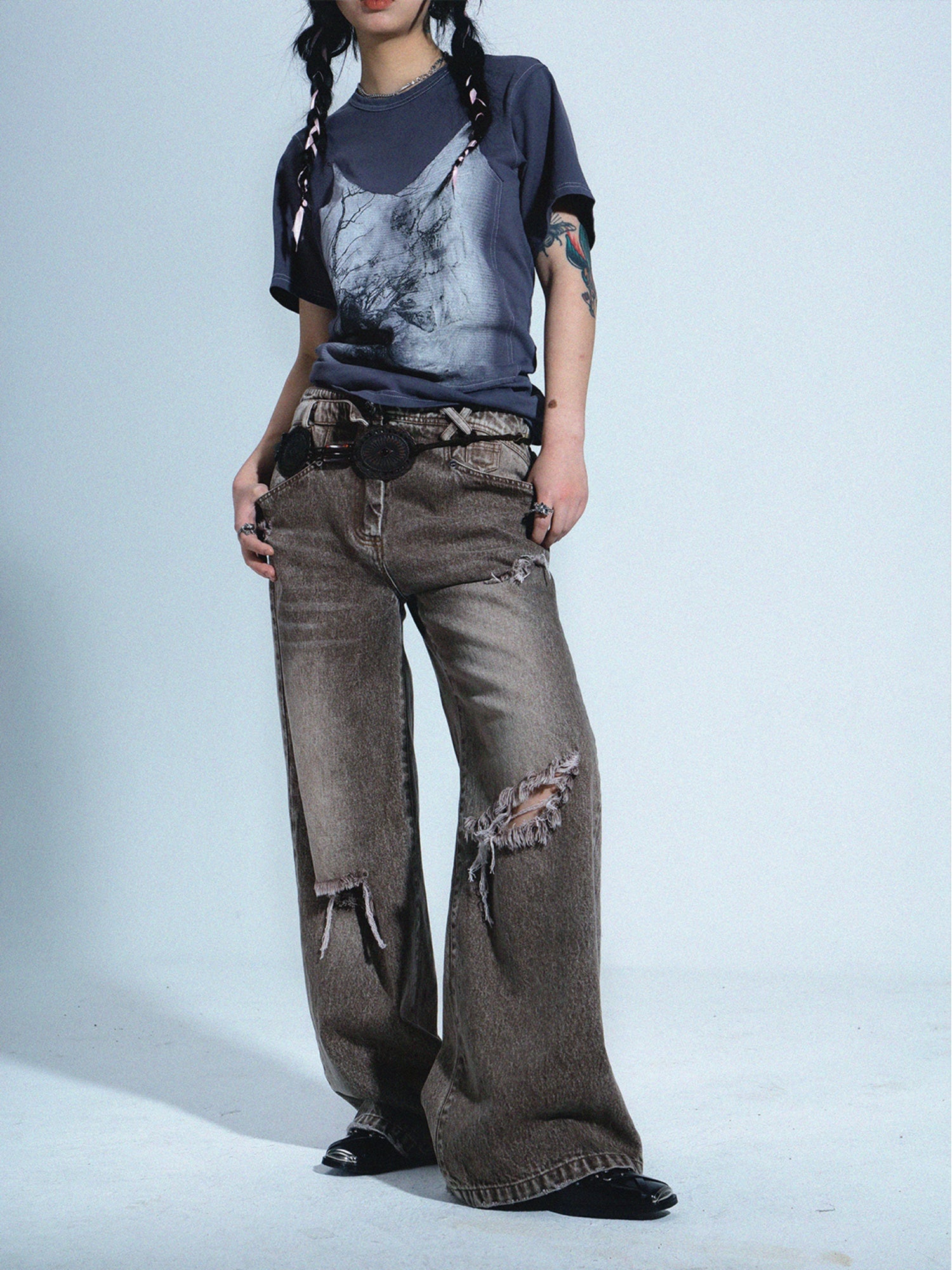 Damage Wide Strait Denim Pants