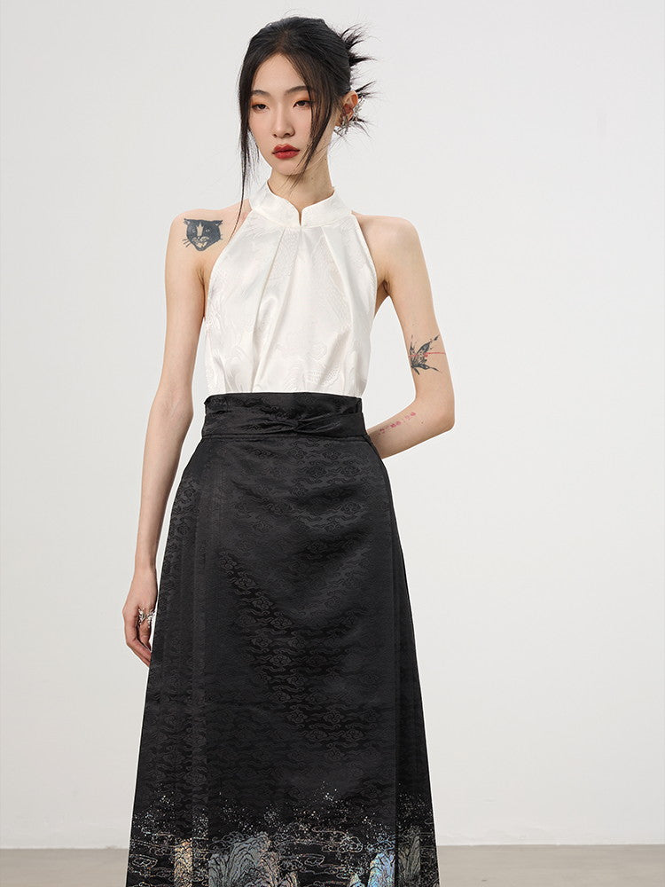 China American-Sleeve Embroidery Chic High-End Blouse＆Long-Skirt