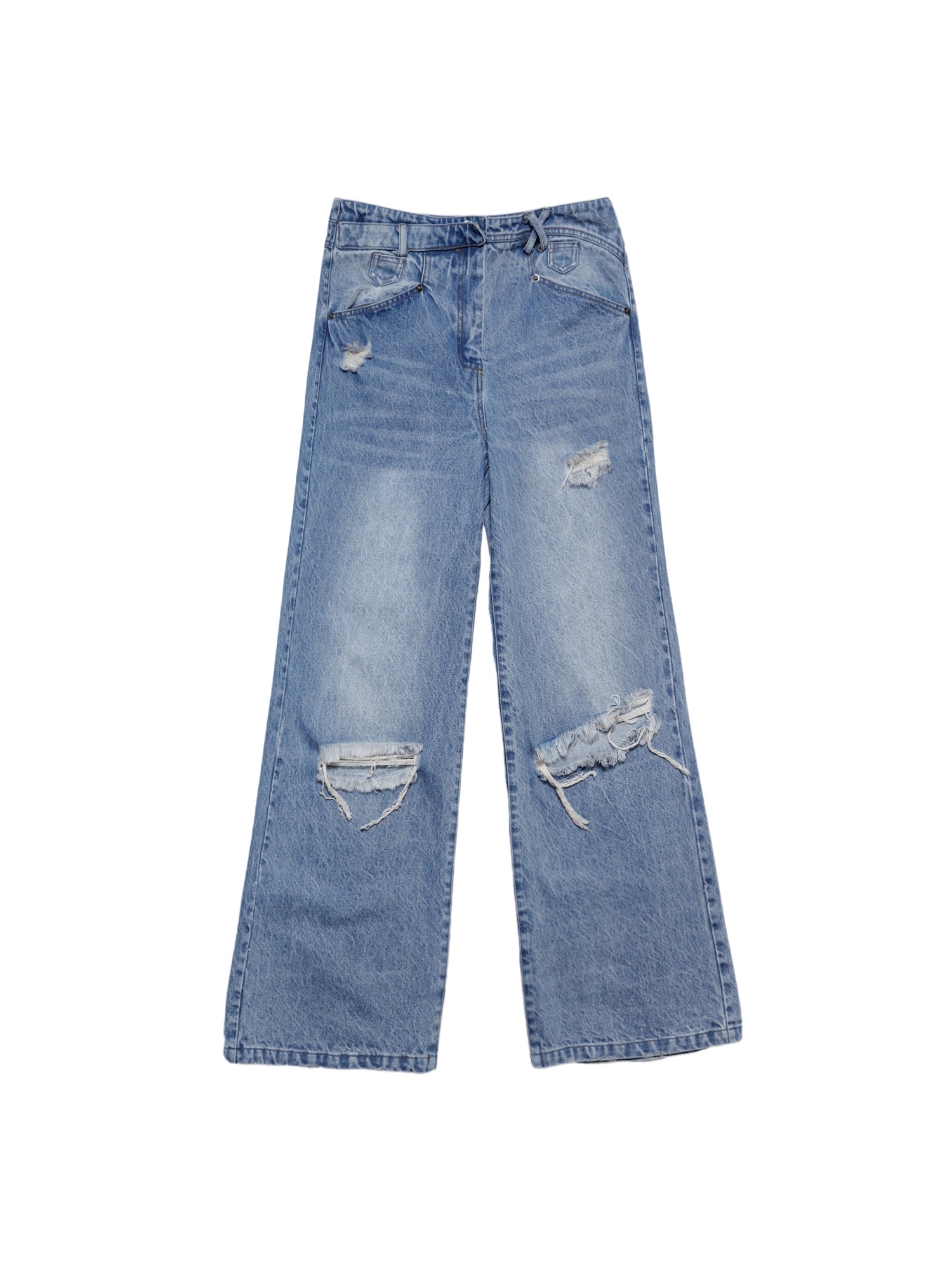 Damage Wide Straight Denim Pants