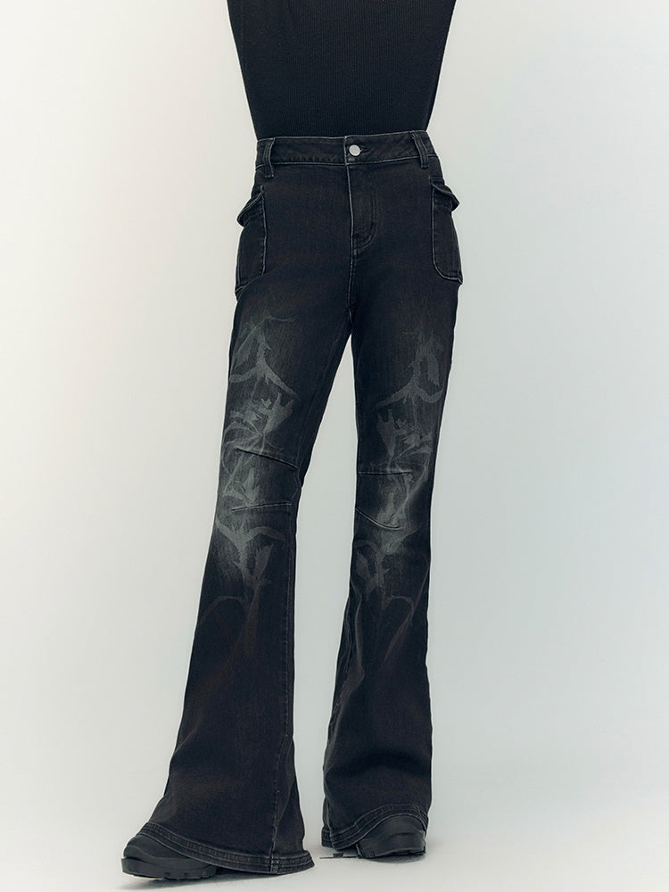 Denim Faded High-Waist Glossy Flare-Pants