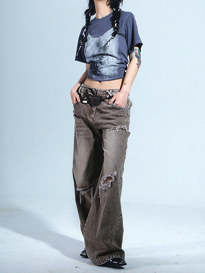 Damage Wide Straight Denim Pants