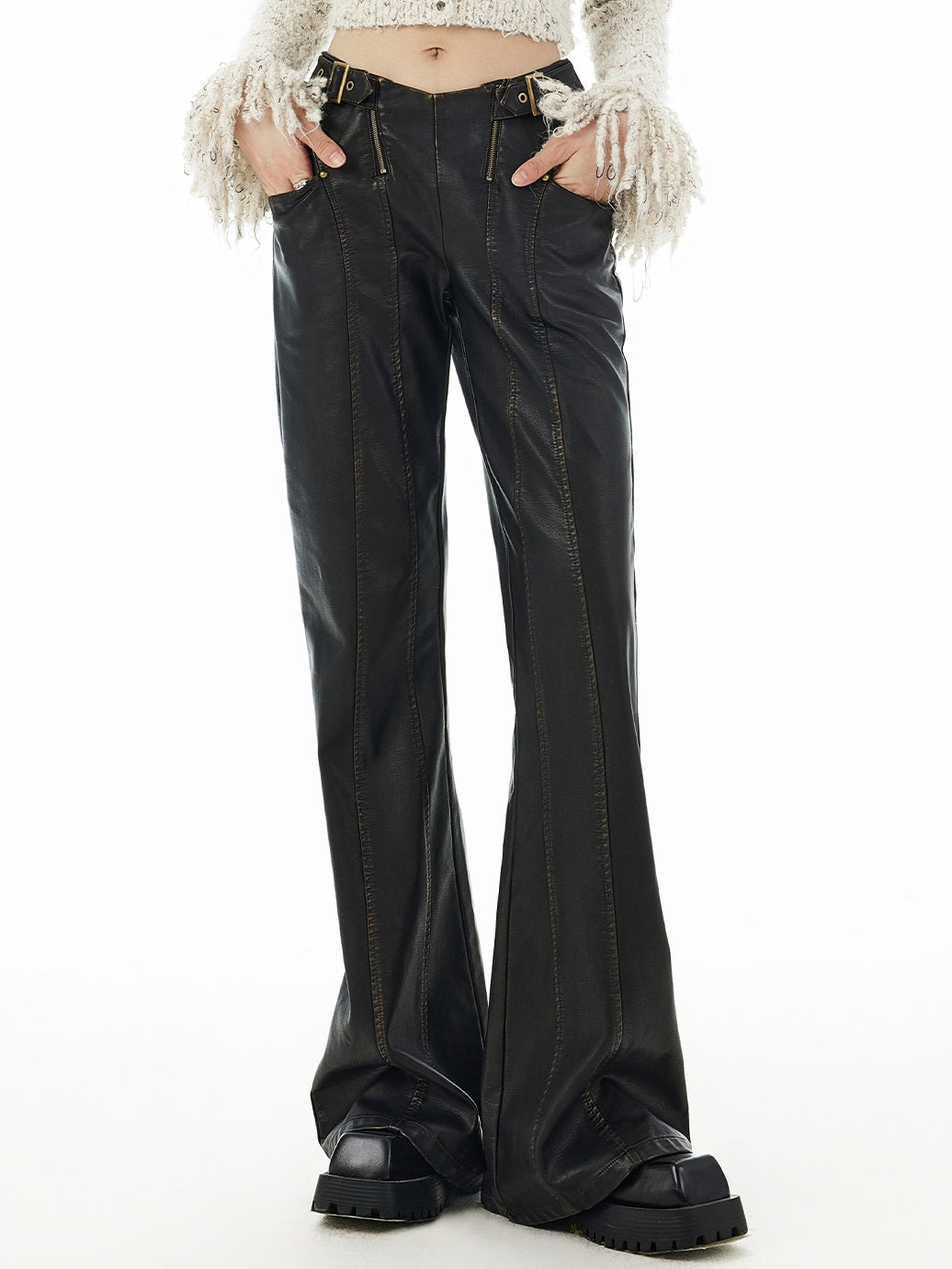 Flare Zip Belt Cool Patchwork Letaher-Pants