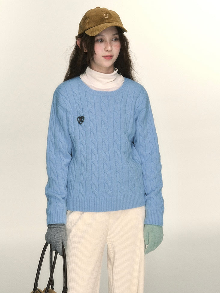 Cable-Knit Round-Neck Retro College Sweater