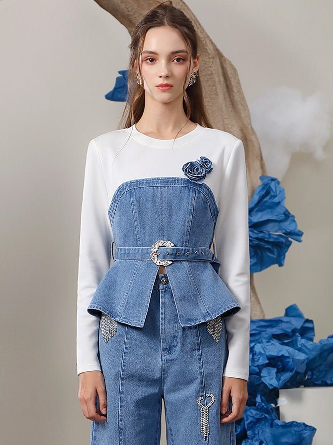 Denim Docking Peplum Flower Belt Cutsew