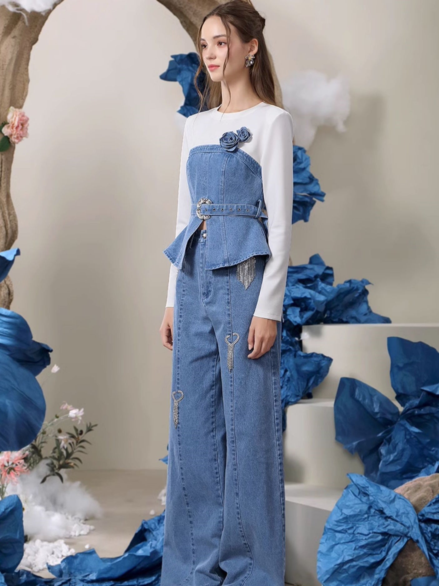 Denim Docking Peplum Flower Belt Cutsew