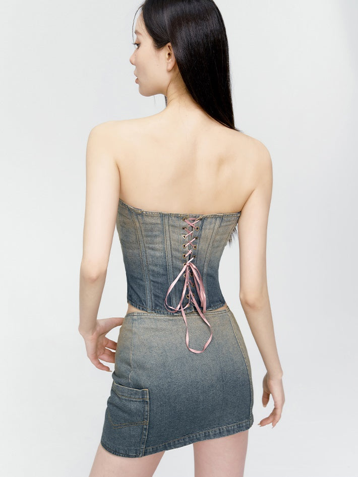 Gradation Tight Denim Mini-Skirt&amp;Camisole