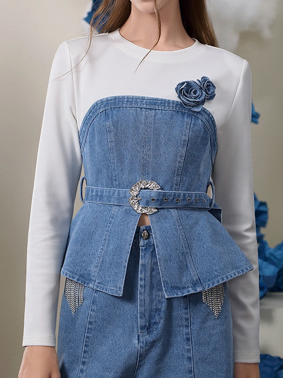 Denim Docking Peplum Flower Belt Cutsew