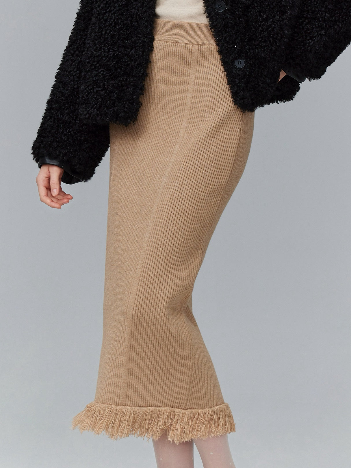 Rib-Knit Long  Tassel Plain Simple Retro Knit-Skirt