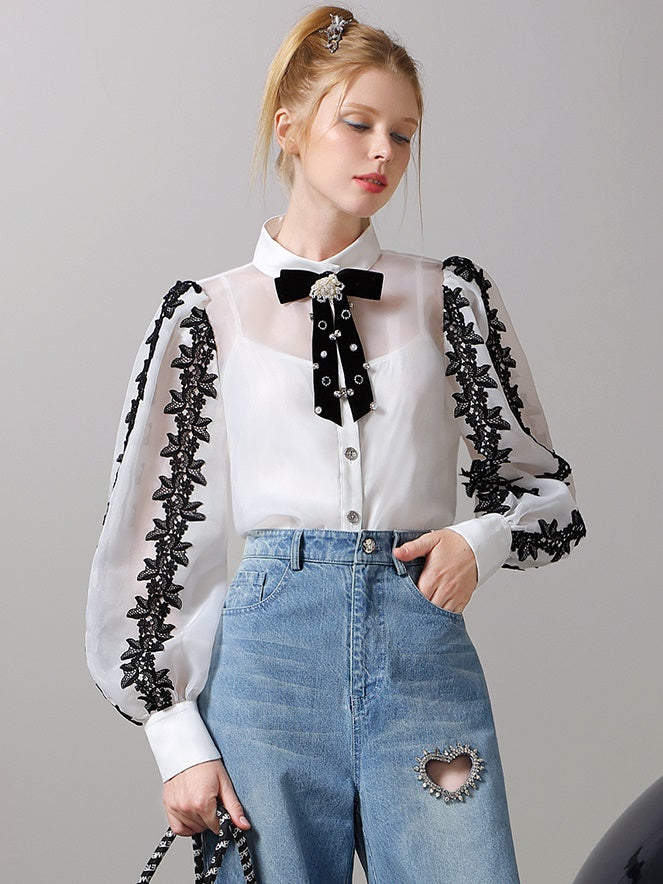 Lace Ribbon Sheer Balloon-Sleeve Blouse