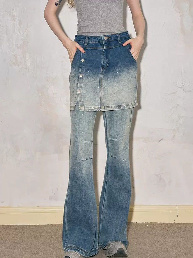 Fake Two-piece Gradation Wash Flared Denim Skirt Pants