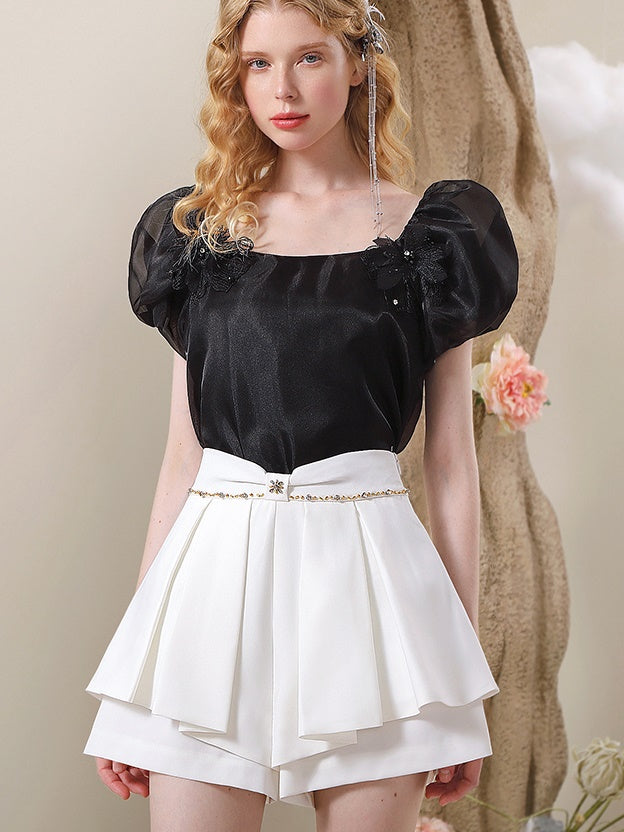 Flower Puff-Sleeve Flare Simple Blouse