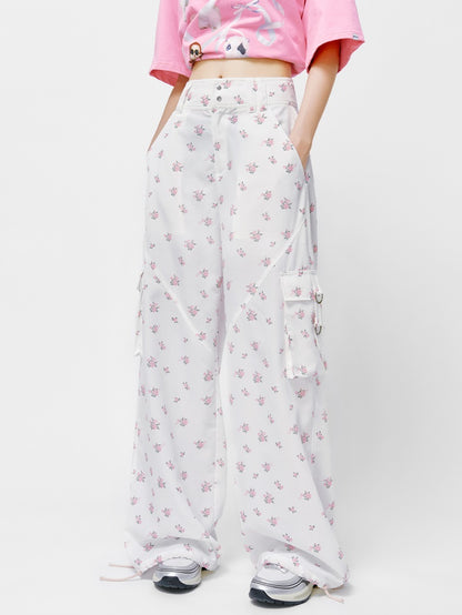 Retro Flower Drawstring Side-Pocket Casual Pants