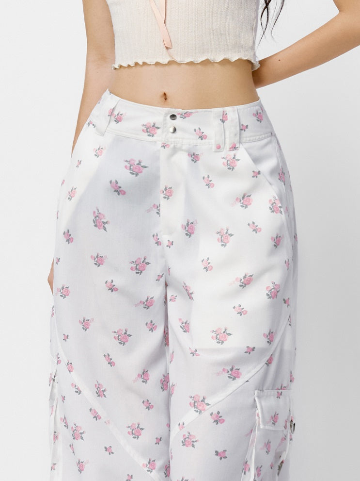 Pantalon décontracté à cordon de fleur rétro