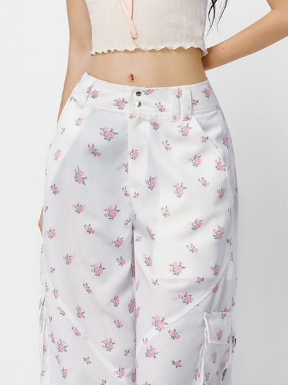 Retro Flower Drawstring Side-Pocket Casual Pants