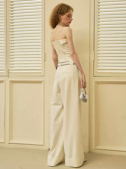 Tassel Letter Embroidery Bare-top &amp; Wide-Leg Pants