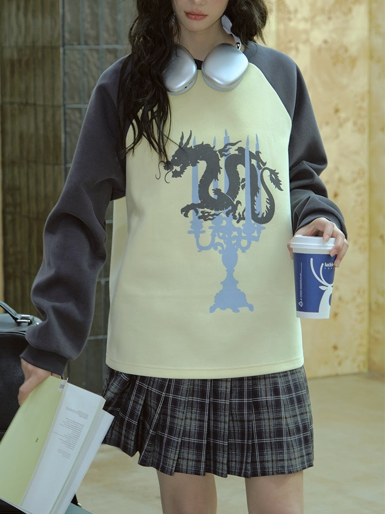 Sweat Dragon Crew-Neck Casial Retro Pullover