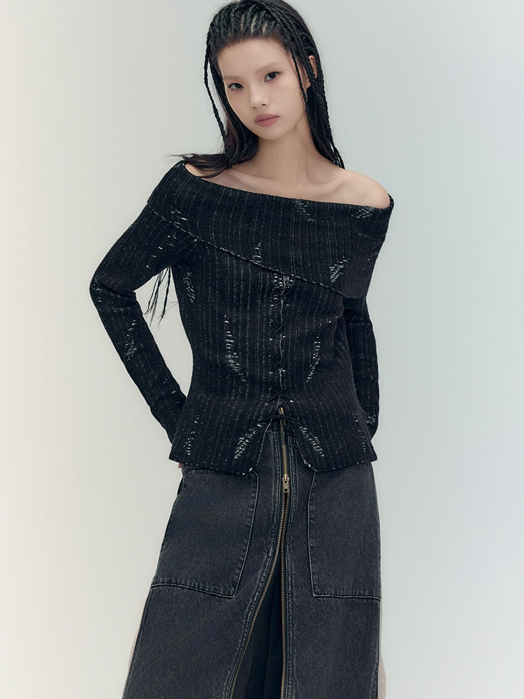 Off-Shoulder Denim Casual Dark Strick &amp; Denim-Rebstrock