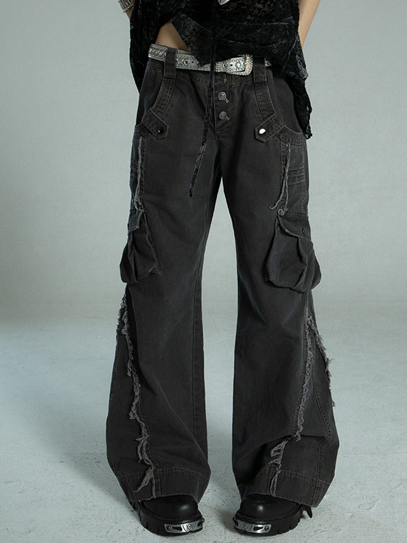 Loose Washed Distressed Flared Work Pants