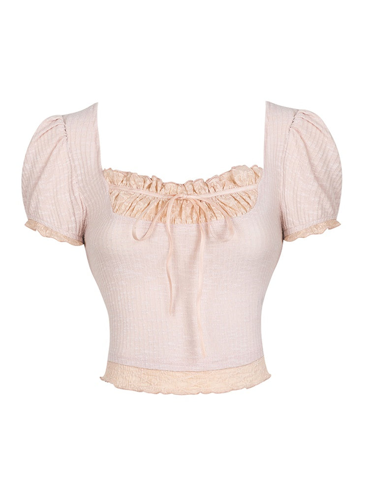 Tight Cropped Lace Puff-Sleeve Tops