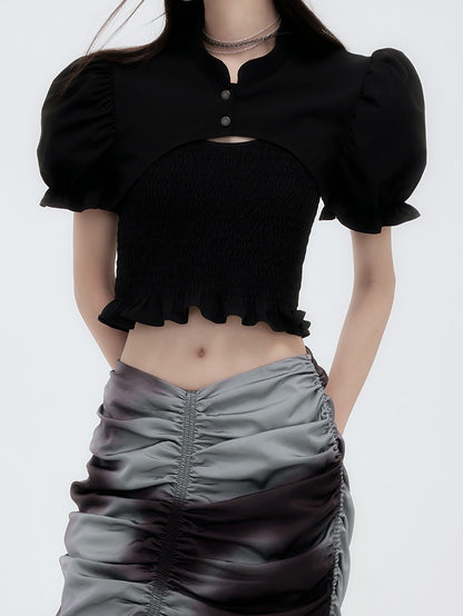 Flower Puff-Sleeve China Frill Cropped Blouse