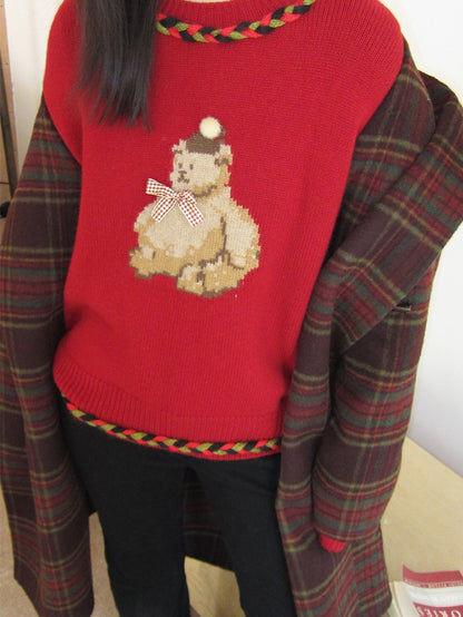 Bear Ribbon Cute Girly Retro Crew-Neck Knit