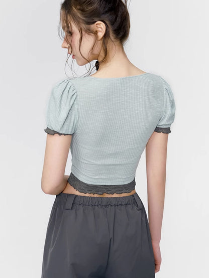 Tight Cropped Lace Puff-Sleeve Tops