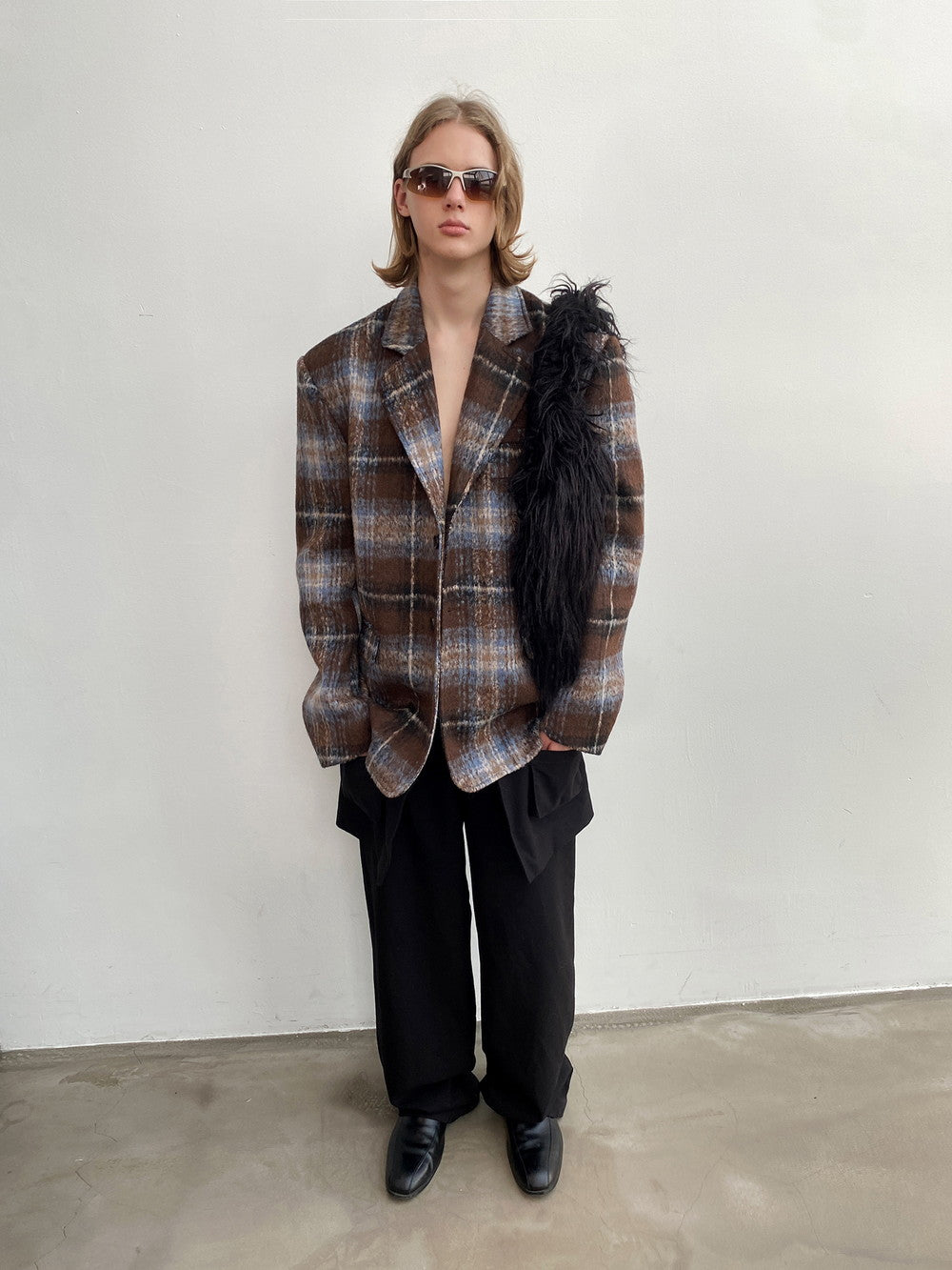 Unisex Checked Retro Drop^Shoulder Wool Jacket