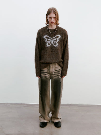 Unisex Butterfly Fluffily Retro Crew-Neck Oversize Mohair-Knit