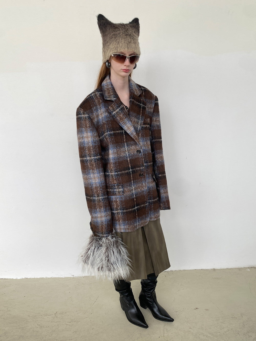 Unisex Checked Retro Drop^Shoulder Wool Jacket