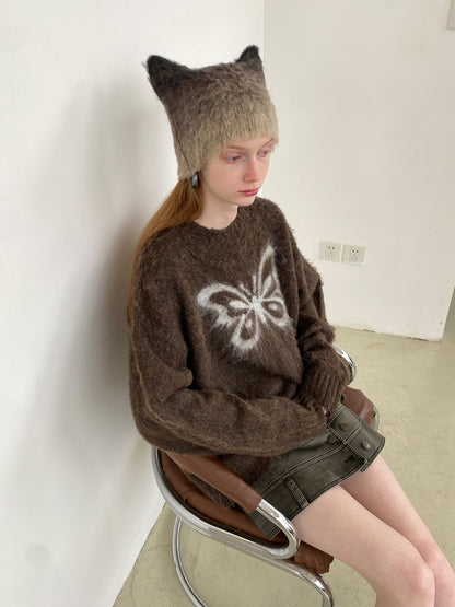 Unisex Butterfly Fluffily Retro Crew-Neck Oversize Mohair-Knit