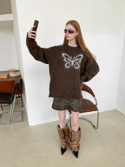 Unisex Butterfly Fluffily Retro Crew-Neck Oversize Mohair-Knit