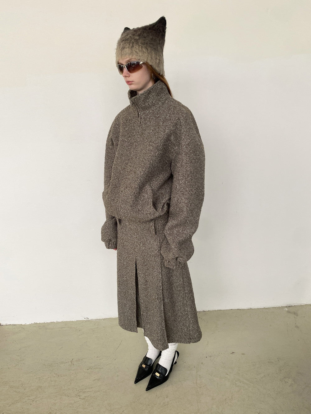 Unisex Wool Knit Plain Simple Retro Jacket＆Long-Skirt