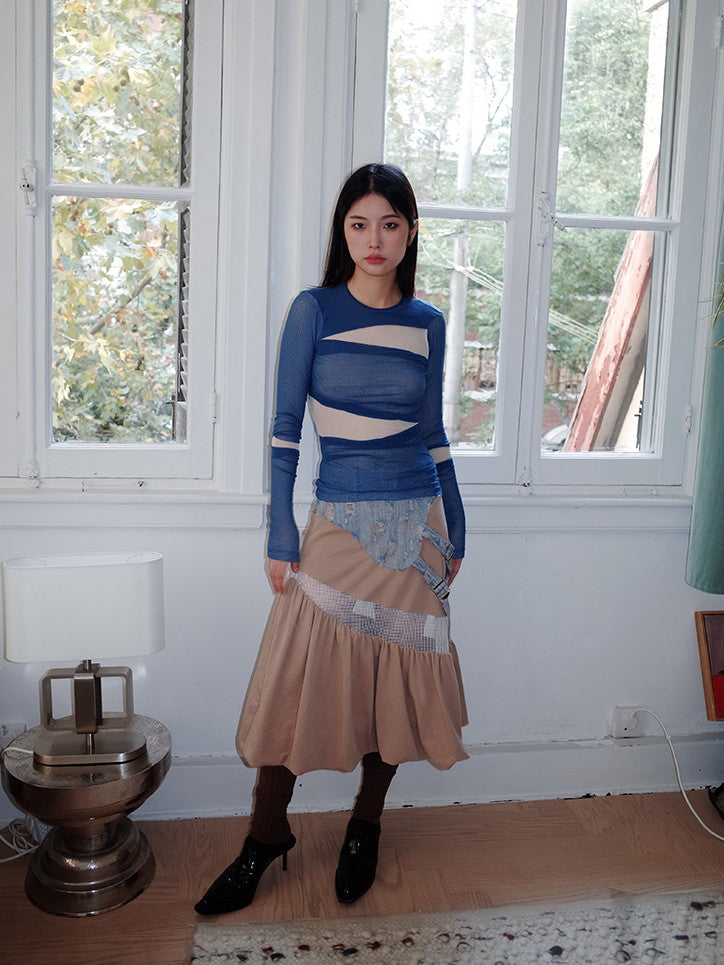 Panel Denim Nichi Sheer Patchwork Unique Tiered Skirt