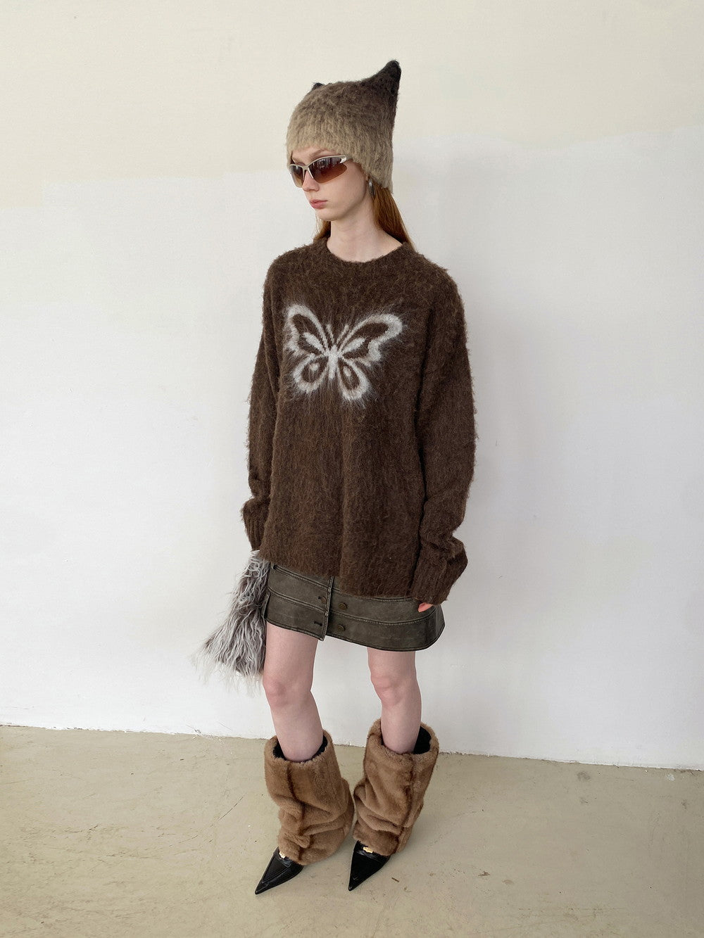 Unisex Butterfly Fluffily Retro Crew-Neck Oversize Mohair-Knit