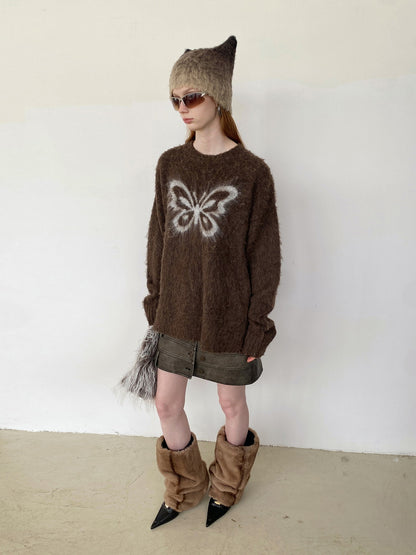 Unisex Butterfly Fluffily Retro Crew-Neck Oversize Mohair-Knit