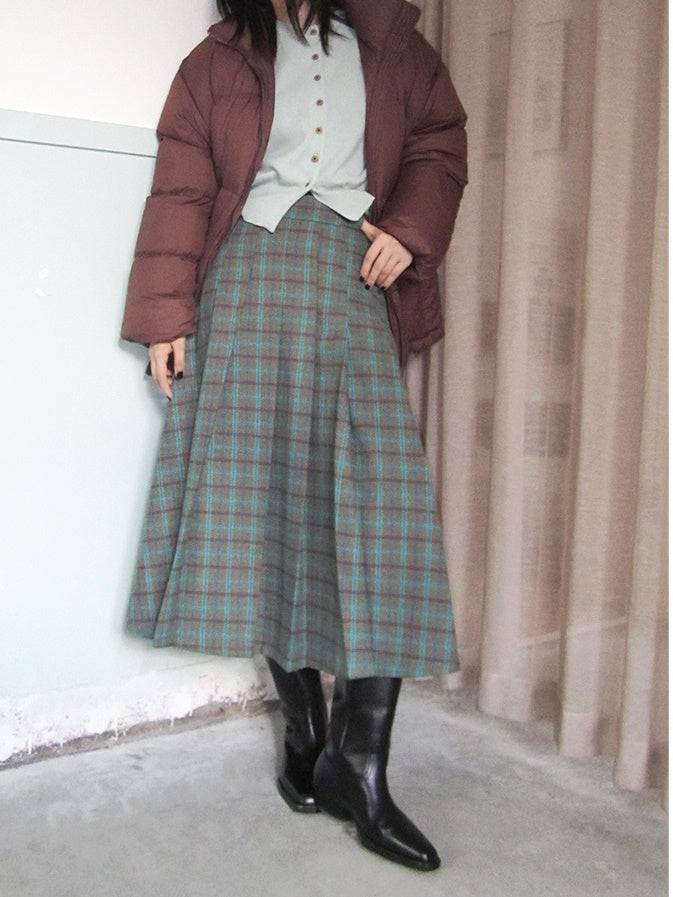 Box-Pleats Checked Retro Girly Cute Long-Skirt