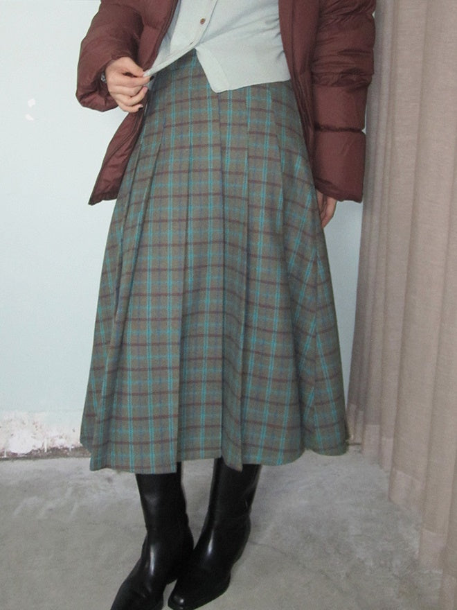 Box-Pleats Checked Retro Girly Cute Long-Skirt