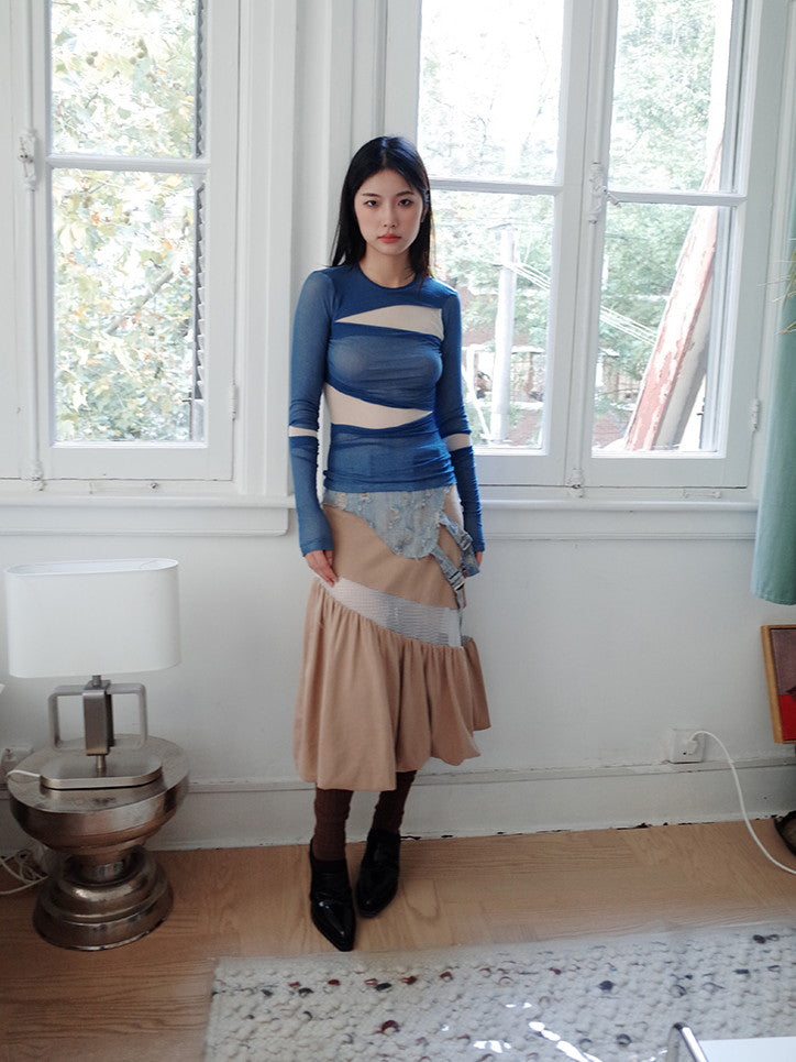 Panel Denim Nichi Sheer Patchwork Unique Tiered Skirt