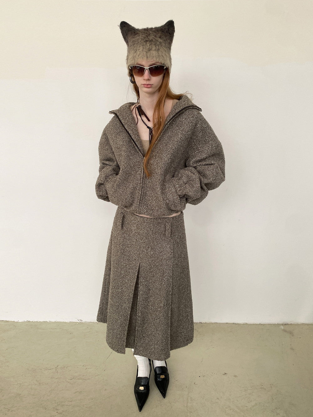 Unisex Wool Knit Plain Simple Retro Jacket＆Long-Skirt