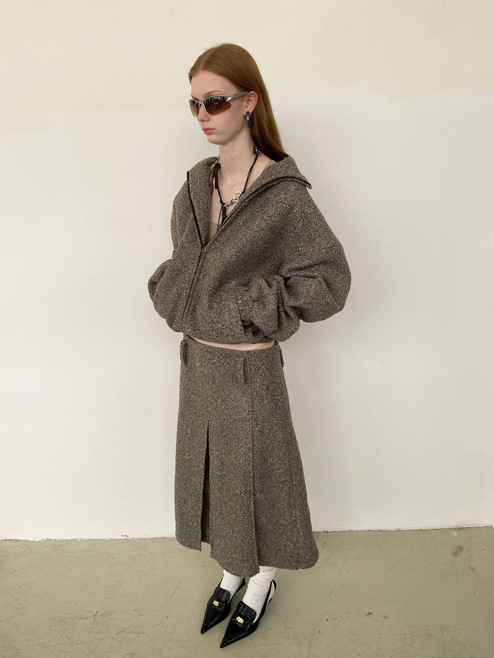 Unisex Wool Knit Plain Simple Retro Jacket＆Long-Skirt