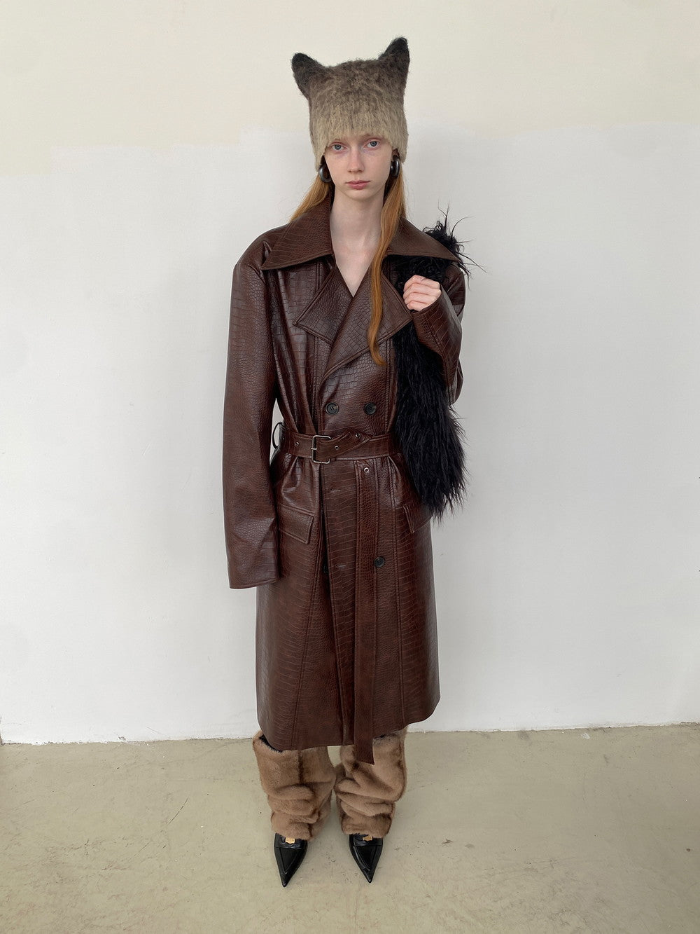 Unisex Big-Collar Vintage Oversize Drop-Shoulder Leather Long-Coat