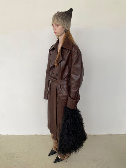 Unisex Big-Collar Vintage Oversize Drop-Shoulder Leather Long-Coat