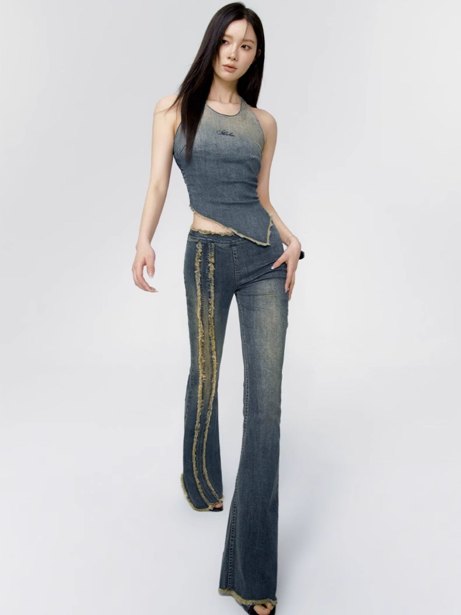 Halter-Neck Asymmetry Denim Cut-Off Tops