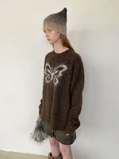 Unisex Butterfly Fluffily Retro Crew-Neck Oversize Mohair-Knit